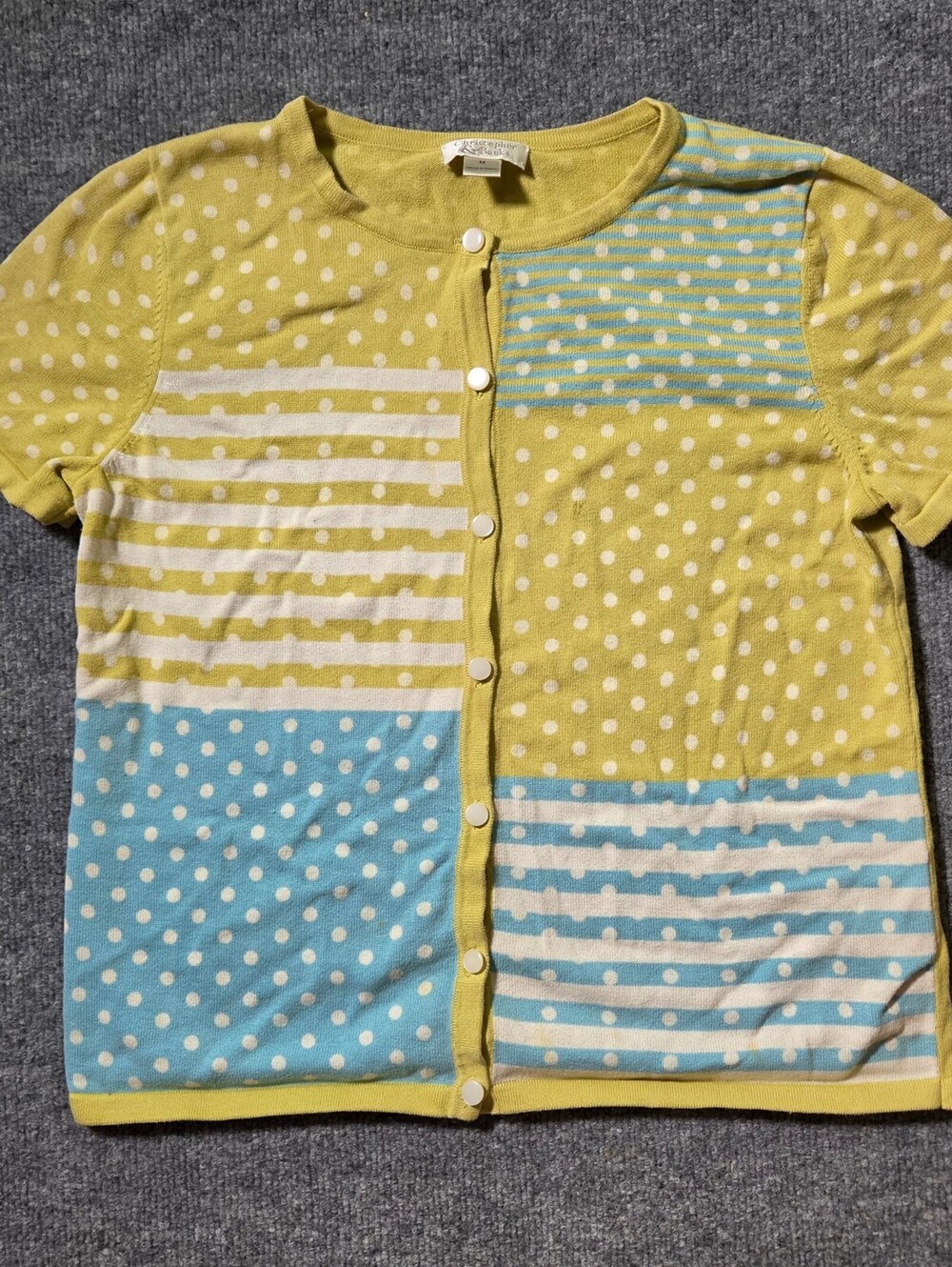 Yellow Polka Dot Button-Up Short Sleeve Sweater